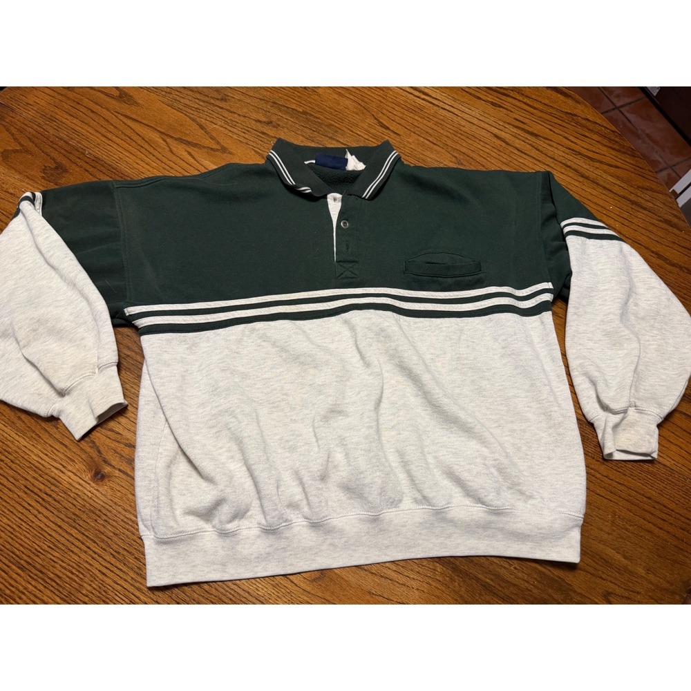 Vintage Puritan Mens XL Colorblock Polo Sweatshirt Green Gray Stripe Pocket